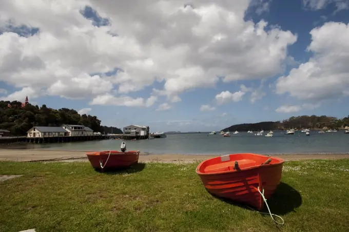 New Zealand, South Island, Stewart Island, Oban Village, Bay With Boats