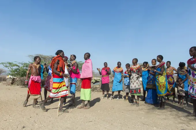 Samburu Tribes people dancing in a Samburu village near Samburu National Reserve in Kenya.