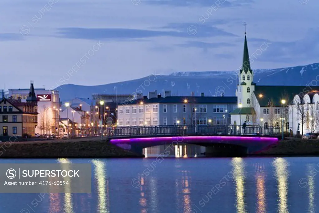 The center of Reykjavik and Tjornin lake, downtown Reykjavik, Iceland.