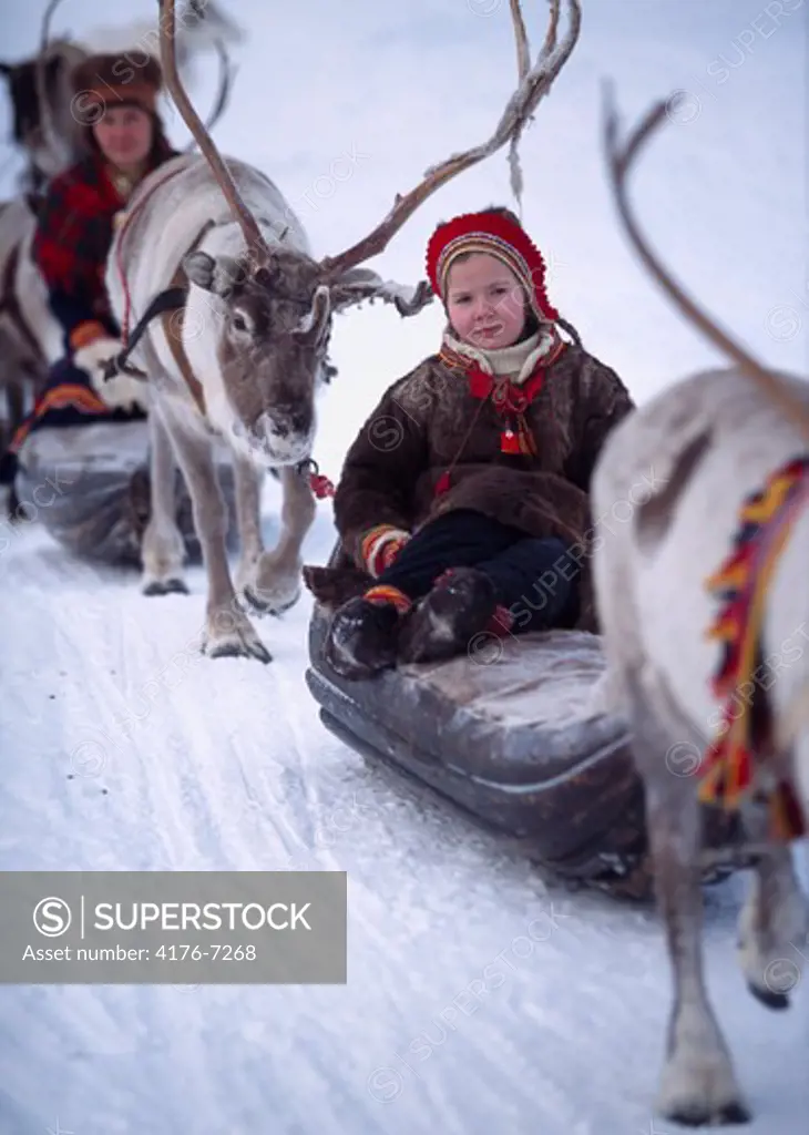 Reindeers pulling two girls sitting on the sleds on a snow covered landscape, Jokkmokk, Lapland, Sweden