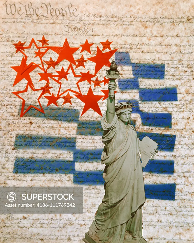 1970s COMPOSITE ILLUSTRATION STATUE OF LIBERTY AND SYMBOLIC AMERICAN FLAG SUPERIMPOSED OVER UNITED STATES CONSTITUTION