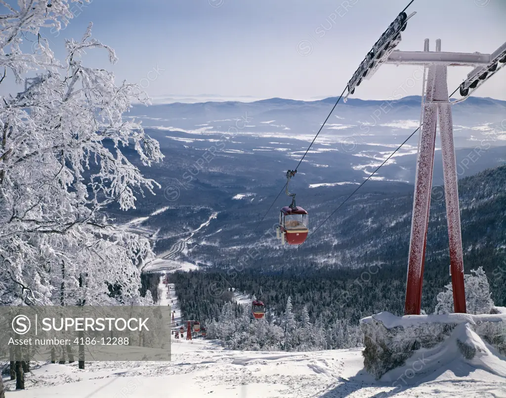 1970S Scenic From Top Of Mountain Ski Slope Looking Down Into Valley Ski Lift Red Cars Snow Vista