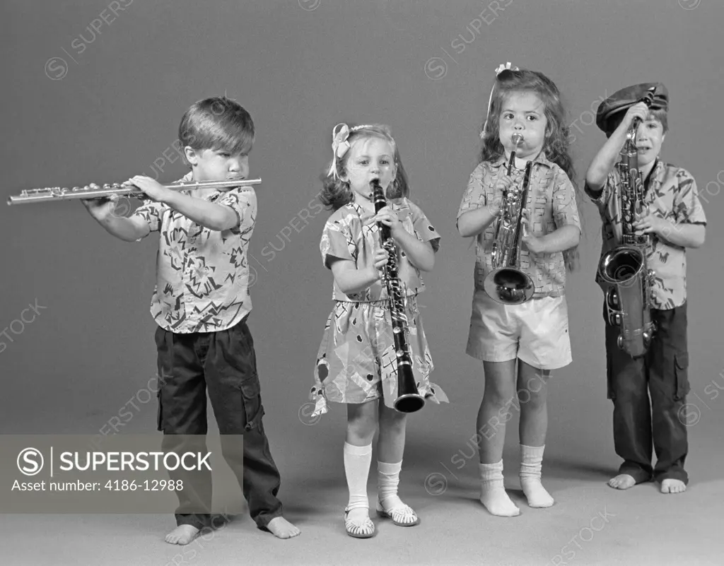 boy playing trumpet on white background - Stock Illustration