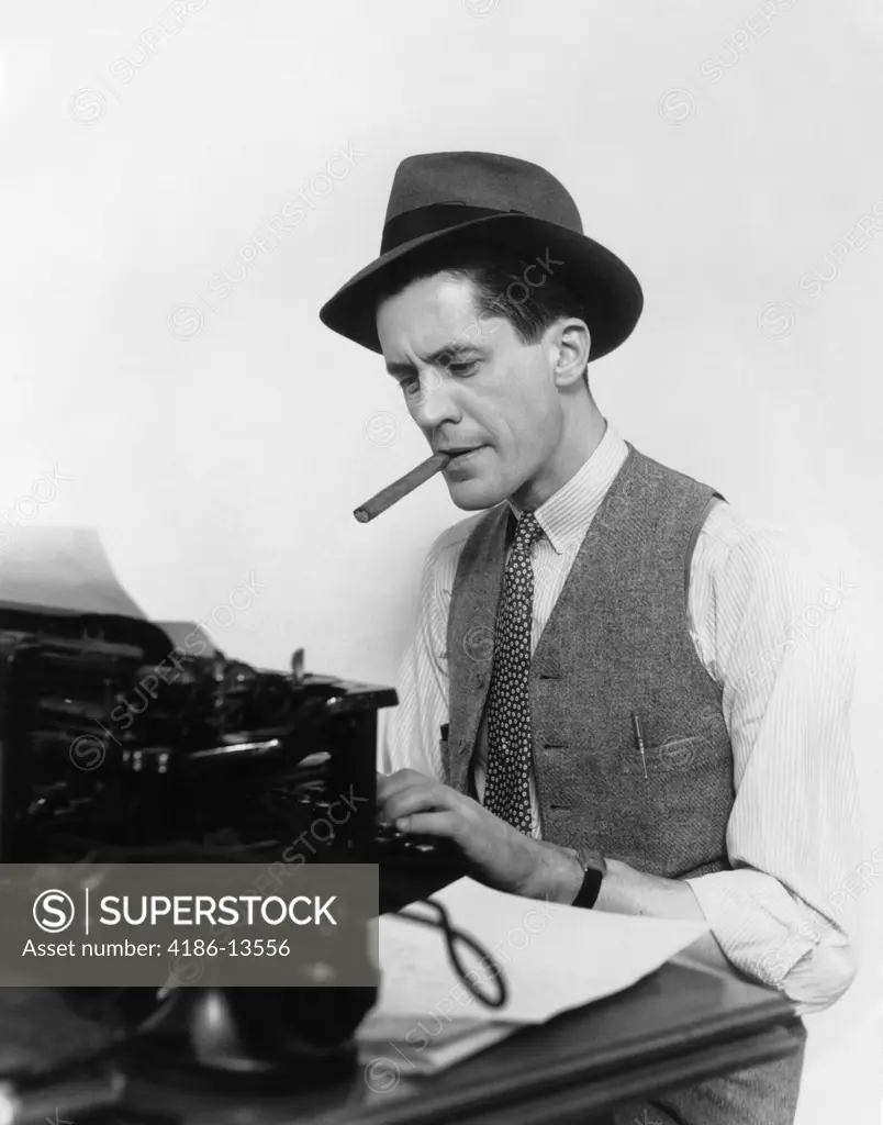 1930S Man Newspaper Reporter Wearing Hat Typing Smoking Cigar