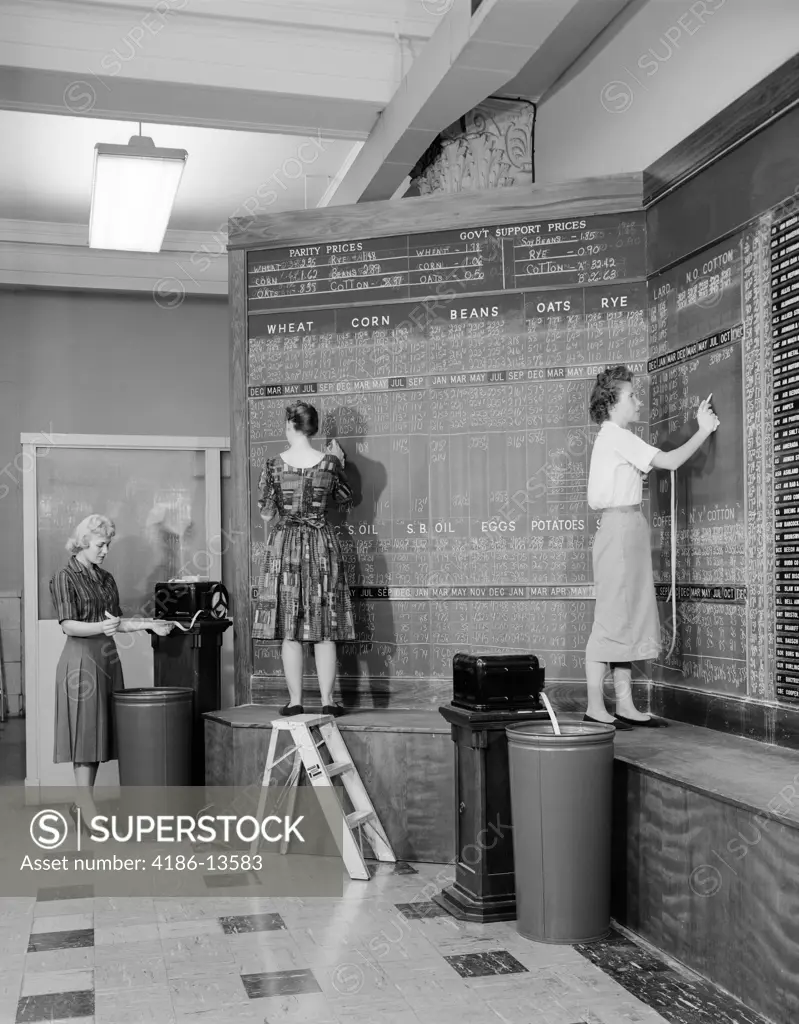 1950S Women At Chalk Quote Board In Brokerage House