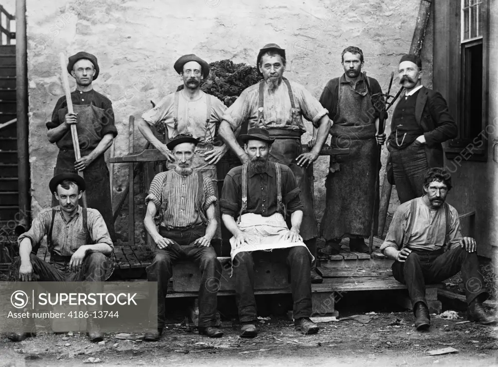 1890S 1900S Group Portrait Of 9 Carpet Mill Workers