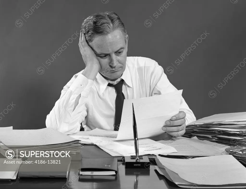 1950S Man Business Paperwork Tired Overworked