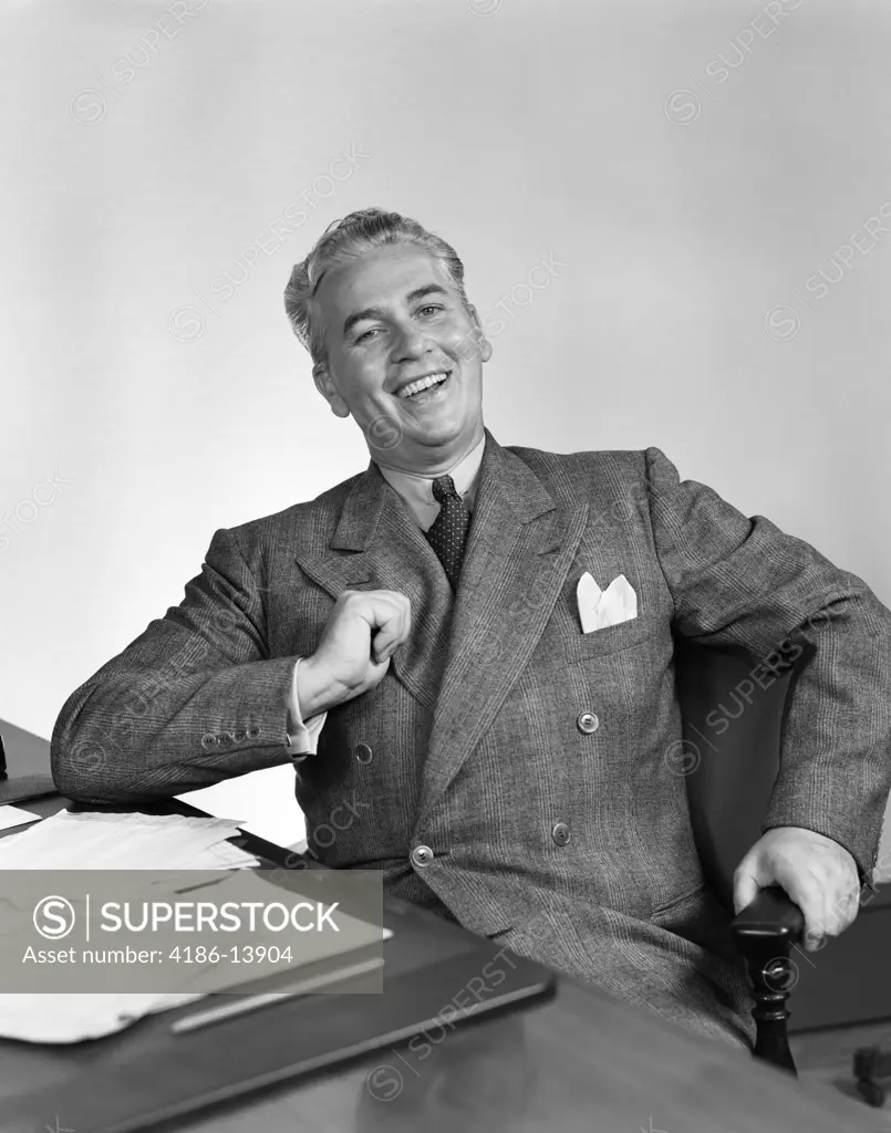 1940S Man Desk Happy Smile Suit Confidence