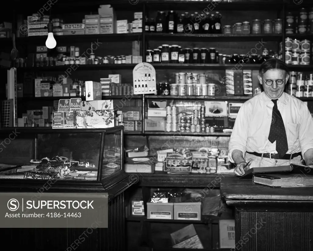 1930S General Store Interior Grocer Owner Behind Counter