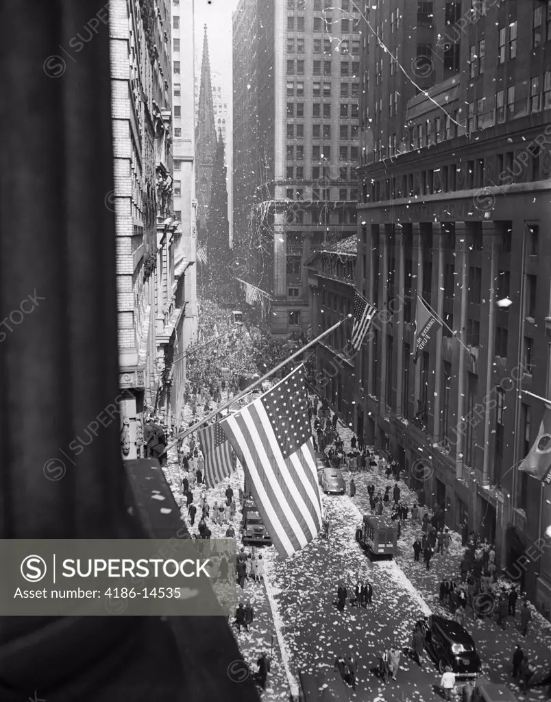 1940S 1945 Aerial View Of Ve Day Celebration On Wall Street Nyc With Flags And Confetti Flying
