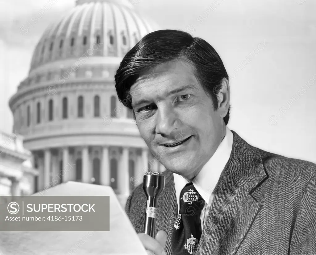 1970S Man Reporter With Microphone Standing Before Capitol Dome