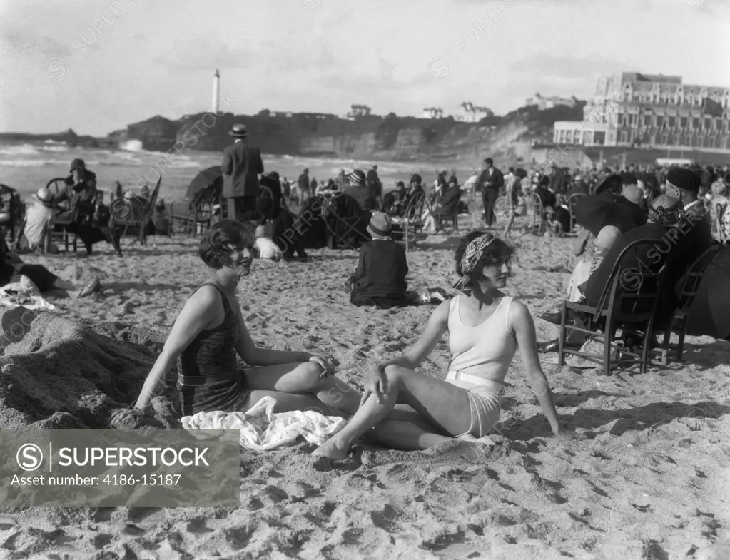 1920S Two Women Sitting On Beach Biarritz France Bay Biscay Bathing Suit