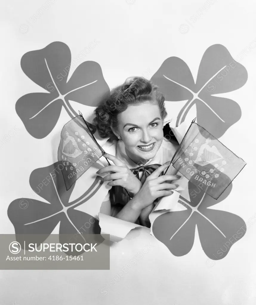 1950S Smiling Woman Head Through Backdrop Surrounded By 4 Shamrocks Holding Erin Go Bragh Flags Irish Holiday St. Paddy'S Day