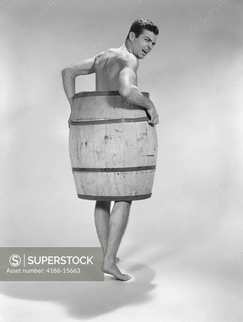 1960S Angry Naked Man Wearing Barrel