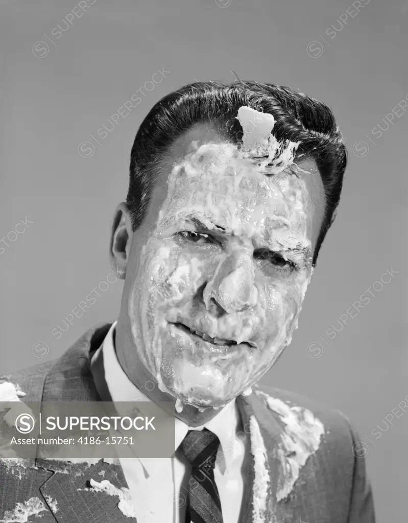 1960S Portrait Man Covered In Meringue Shaving Cream Pie In The Face Funny Angry Expression