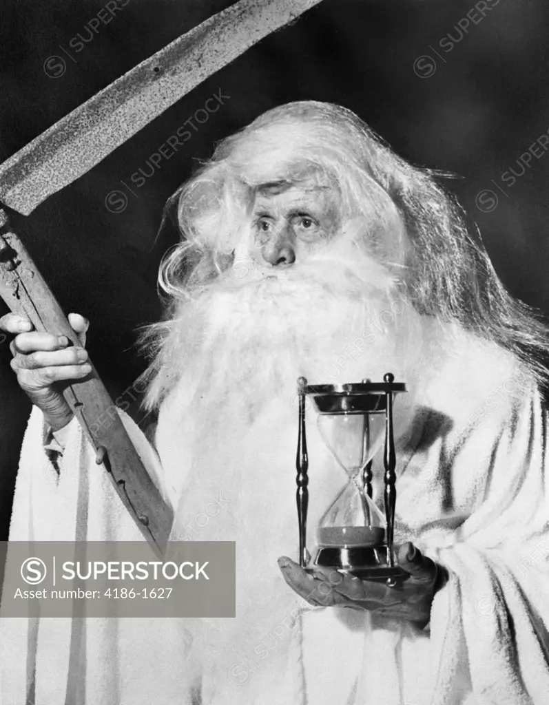 1950S Costume Elderly Man Long Beard Angel Of Death Sickle Scythe Hourglass Father Time