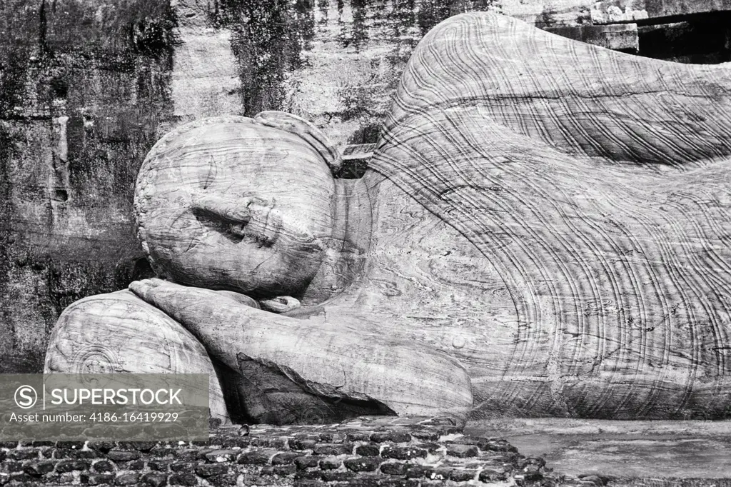 1970s 46 FOOT LONG RECLINING STATUE OF BUDDHA AT POLONNARUWA FROM THE ELEVENTH CENTURY SRI LANKAN ROCK TEMPLE GAL VIHARA