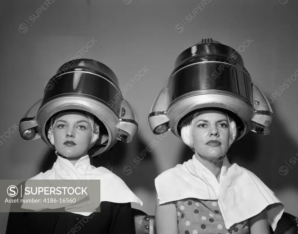 1950S Two Women Under Hair Dryers Towels Around Shoulders Hair Nets