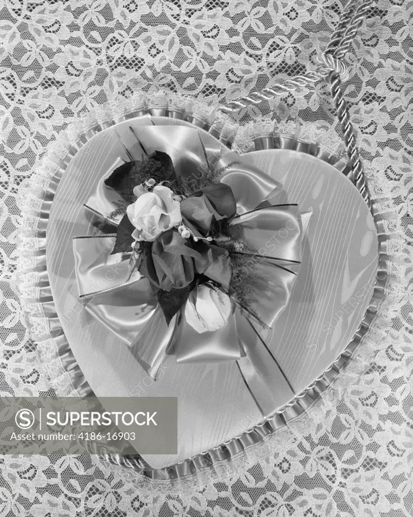 1950S 1960S Fancy Valentine Heart Candy Box Covered With Satin Ribbon & Silk Flowers On Lace Tablecloth