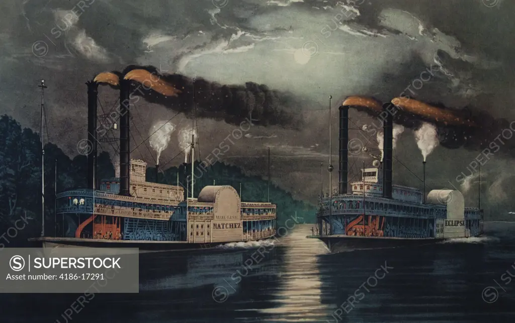 1800S 1860S Two Steamboats Midnight Race On The Mississippi River Paddle Wheel Steam Boats The Natchez And Eclipse