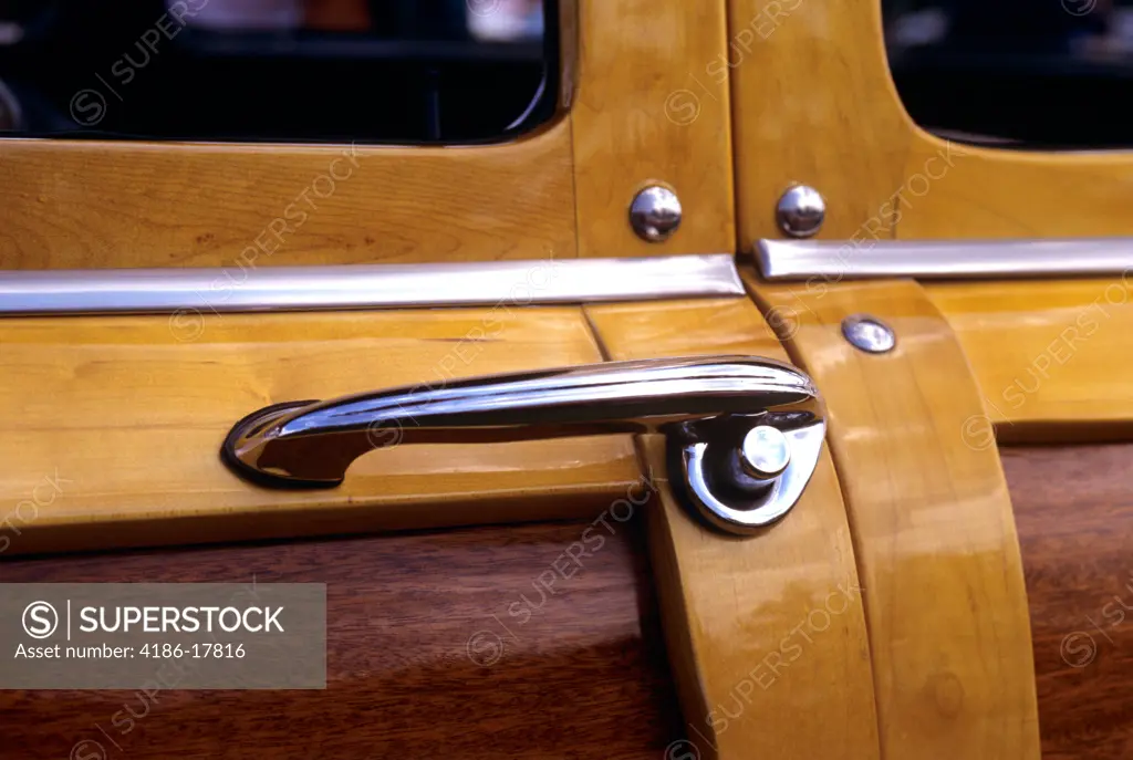 1940s 1950s 1960s DOOR HANDLE DETAIL ON WOOD PANELED STATION WAGON A CLASSIC WOODY