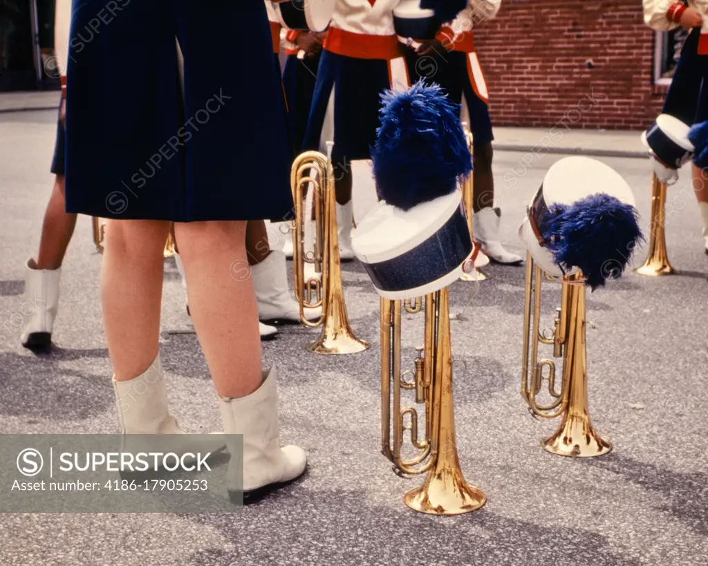 1970s 1960s BRASS TRUMPETS HORNS WITH MARCHING BAND UNIFORM HATS & BAND MEMBERS WAIST DOWN WHITE BOOTS LEGS