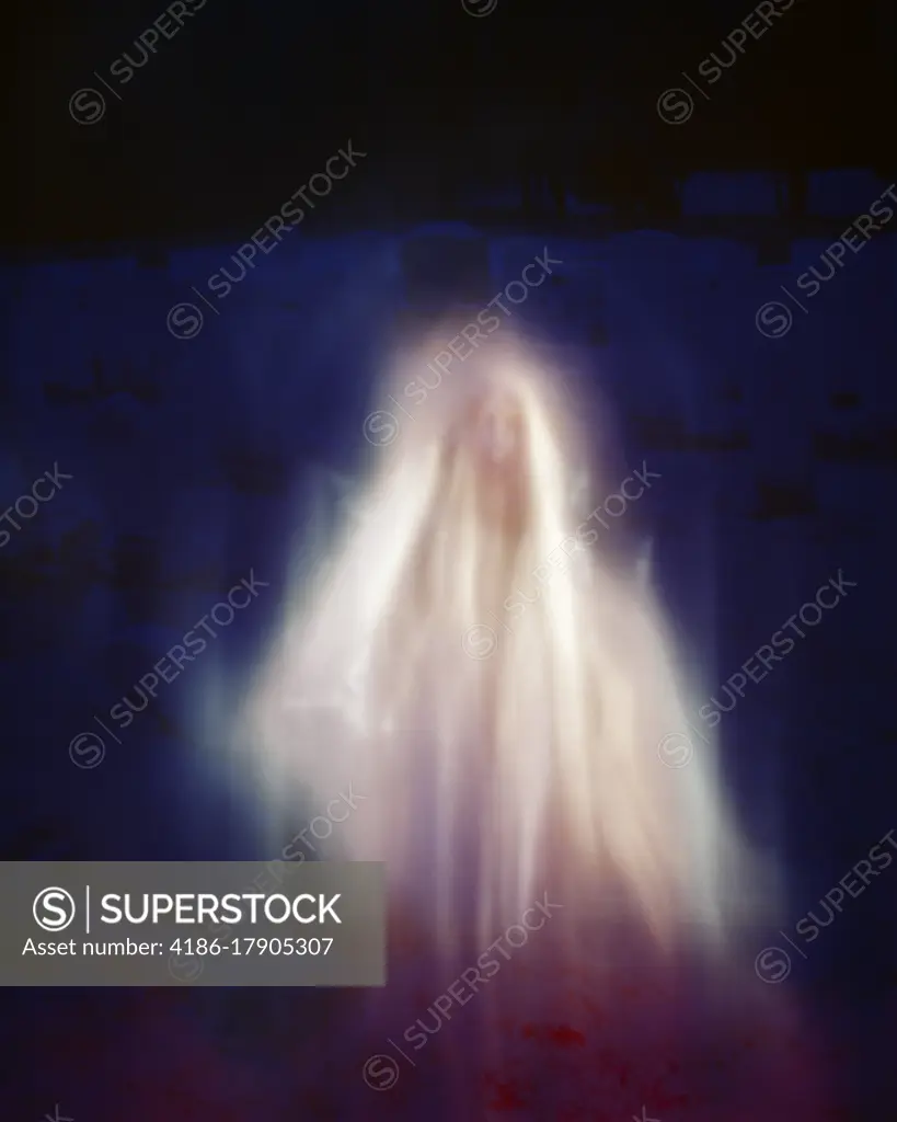 1970s WHITE FEMALE SPECTRE SCARY HALLOWEEN GHOST IN ROYAL BLUE CEMETERY MIST 