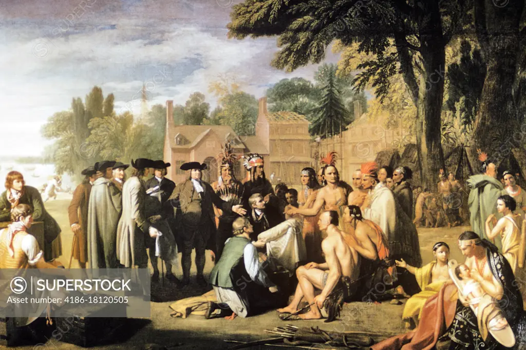 1600s WILLIAM PENN TREATY WITH LENAPE INDIANS 1682 BENJAMIN WEST PAINTING 1772 PHILADELPHIA PENNSYLVANIA