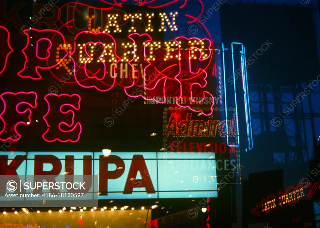 1960s MONTAGE NEON SIGNS METROPOLE CLUB MARQUEE FOR GENE KRUPA LATIN QUARTER TIMES SQUARE MANHATTAN NEW YORK CITY NEW YORK USA