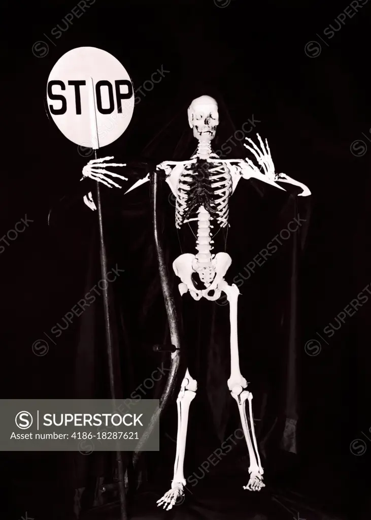 1930s SKELETON LOOKING AT CAMERA HOLDING A WARNING STOP SIGN AND GRIM REAPER SCYTHE