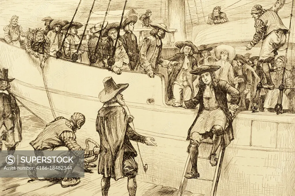 1690s WILLIAM PENN ARRIVING BY SAILING SHIP HARPERS WEEKLY BICENTENARY ILLUSTRATION OF HIS 1699 RETURN TO PHILADELPHIA PA