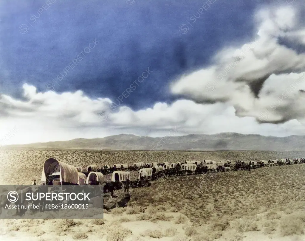 1870s 1880s MONTAGE OF LONG LINES OF COVERED WESTERN LAND SETTLERS AND IMMIGRANT WAGONS CROSSING THE AMERICAN PLAINS