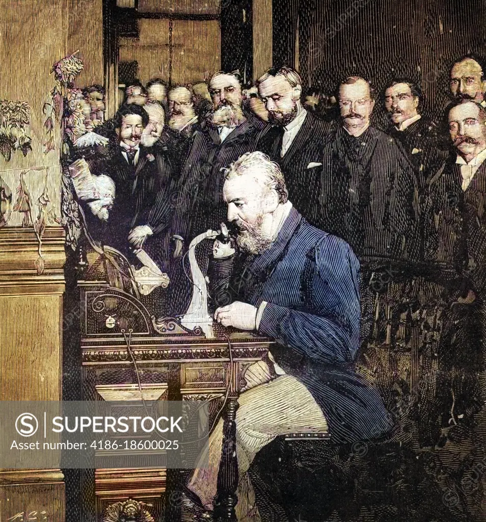 1890s 1892 ENGRAVING OF ALEXANDER GRAHAM BELL MAKING FIRST LONG DISTANCE TELEPHONE CALL FROM NEW YORK CITY NY TO CHICAGO IL USA