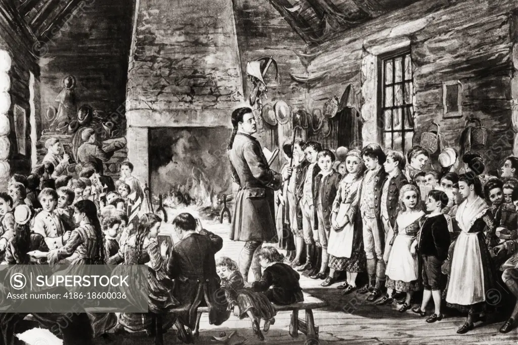 1700s INTERIOR OF 18TH CENTURY COLONIAL AMERICAN ONE ROOM SCHOOL WITH MALE TEACHER AND STUDENTS BY LARGE FIREPLACE 