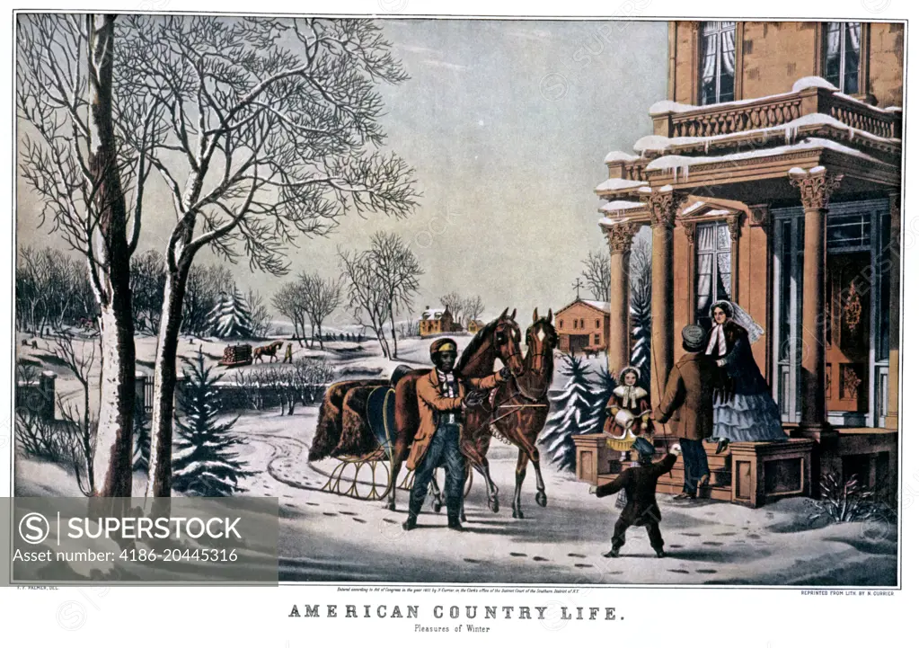 1850s AMERICAN COUNTRY LIFE - PLEASURES OF WINTER - CURRIER & IVES LITHOGRAPH - 1855