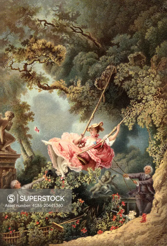 1700s 1767 THE SWING BY FRENCH PAINTER OF ROCOCO MANNER JEAN-HONORE FRAGONARD LOVER LOOKING UP DRESS OF MISTRESS ON SWING