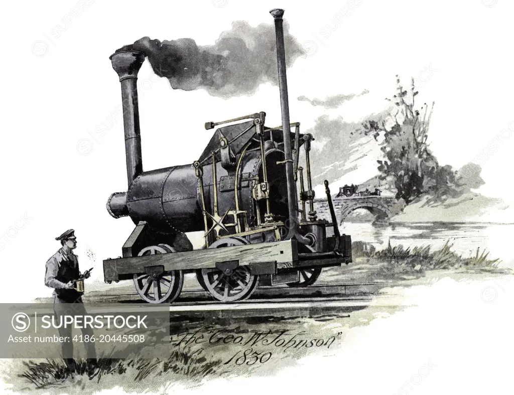 1800s 1830 GEORGE W. JOHNSON STEAM ENGINE ON RAILROAD TRACK