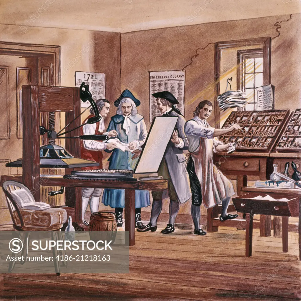 1700s 1721 BENJAMIN FRANKLIN AGE 15 IN HIS BROTHERS PRINTING OFFICE IN BOSTON MA USA