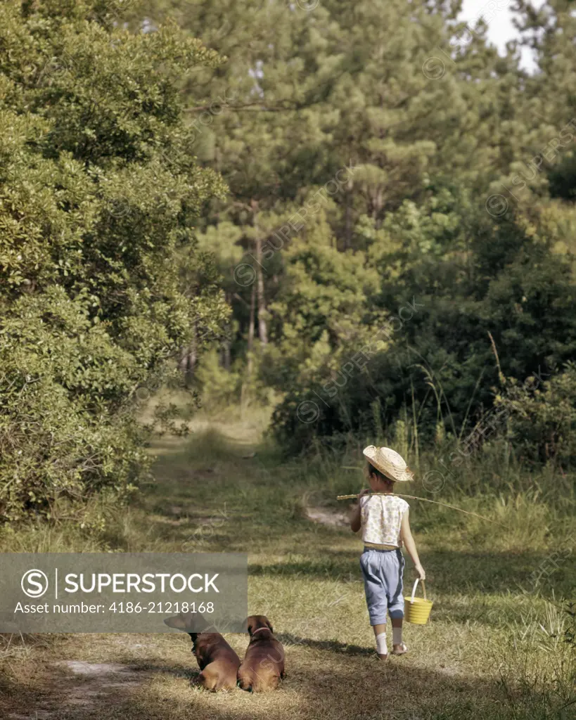 1950s 1960s YOUNG GIRL WALKING DOWN A COUNTRY LANE CARRYING FISHING ROD AND BAIT PAIL ALONG WITH TWO DACHSHUND DOGS