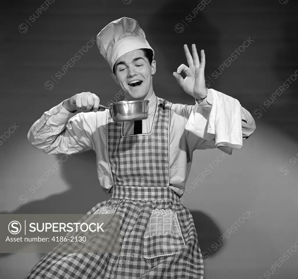 1950S Man Wearing Chefs Hat And Apron Holding Pot Making Okay Sign