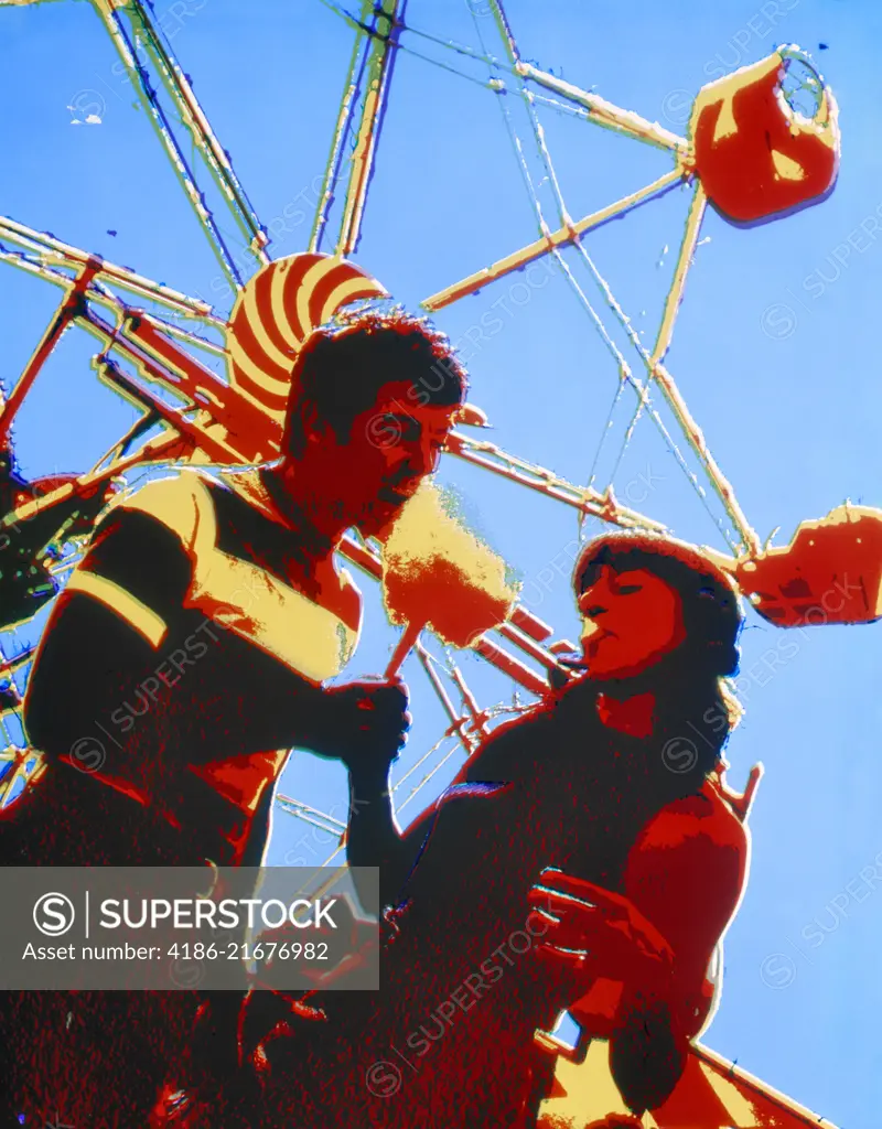 1960s 1970s POSTERIZED IMAGE OF COUPLE EATING COTTON CANDY AMUSEMENT PARK FERRIS WHEEL