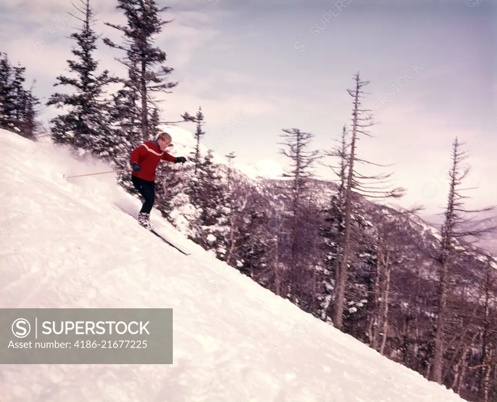 1960s 1960s MAN SKIING SKI DOWN MOUNTAIN TREES EVERGREEN SOME BARREN  