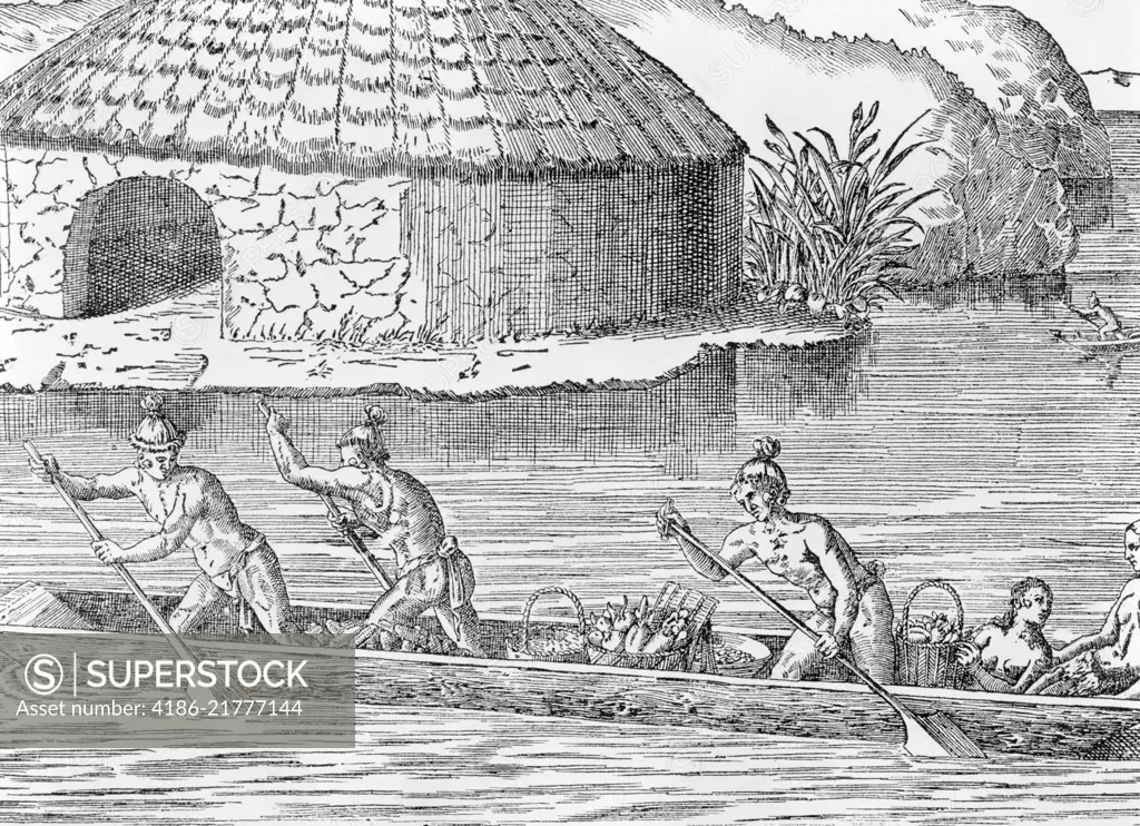 1500s 1600s ENGRAVING DEPICTING EARLY NATIVE AMERICAN INDIAN LIFE MEN PADDLING DUGOUT CANOE ON RIVER BY VILLAGE IN FLORIDA