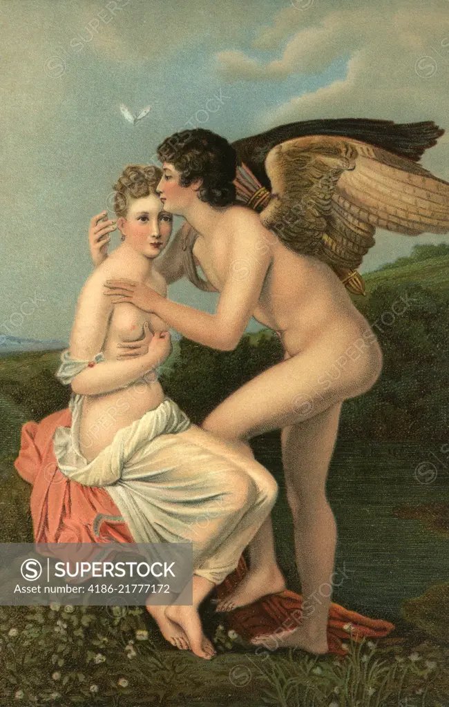 EROS THE GREEK GOD OF LOVE KISSING THE FOREHEAD OF PSYCHE A GRECO-ROMAN MYTH FOLK TALE OF CUPID AND MOTHER APHRODITE