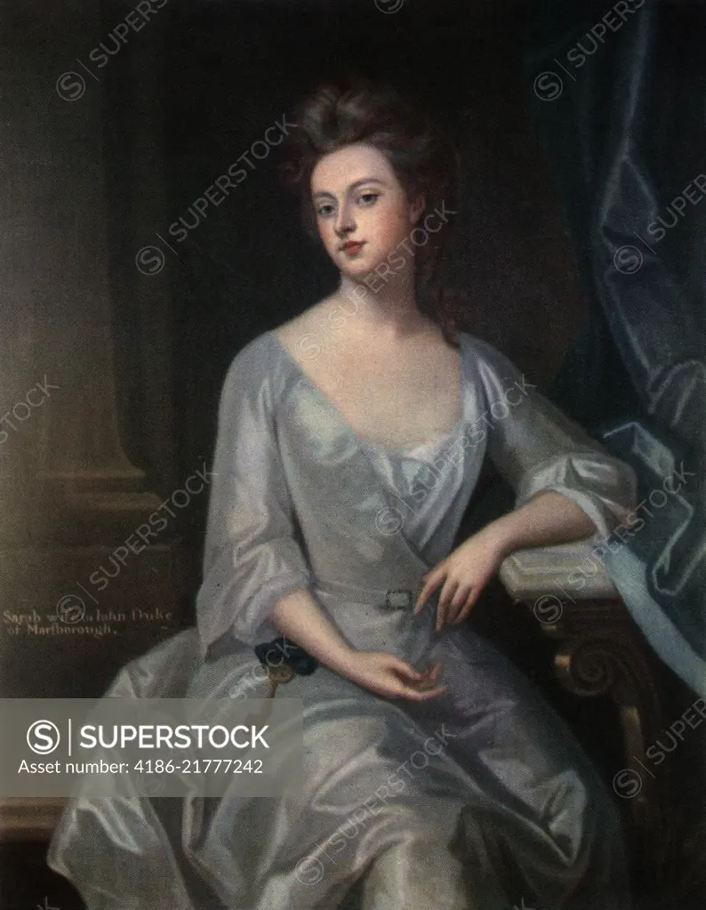 1700s 1702 PORTRAIT SARAH JENNINGS CHURCHILL DUCHESS MARLBOROUGH FASHION BEAUTY 18TH CENTURY WEARING GOLD KEY COLOR HALFTONE