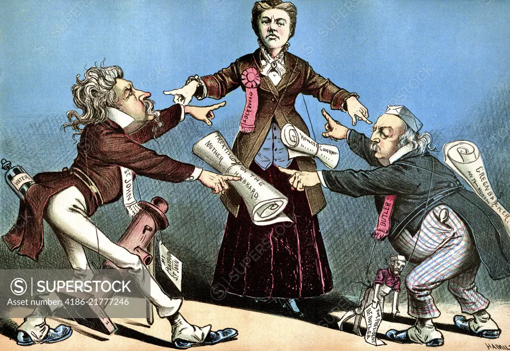 1800s 1880s 1884 PRESIDENTIAL CAMPAIGN POLITICAL CARTOON BELVA LOCKWOOD FIRST WOMAN TO RUN FOR PRESIDENT WITH OTHER CANDIDATES