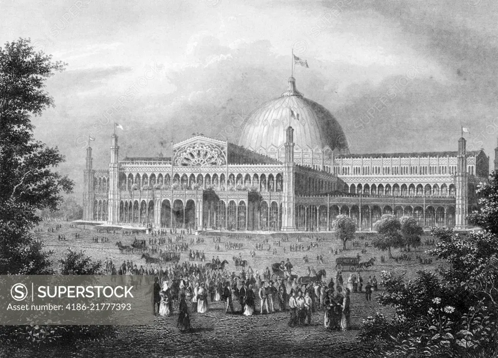 1800s 1850s 1853 NEW YORK CITY WORLD'S FAIR THE CRYSTAL PALACE EXHIBIT HALL NOW BRYANT PARK