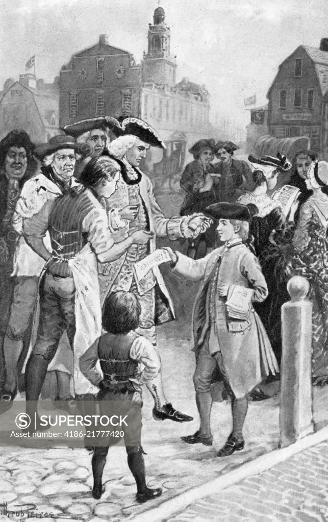 1700s 1710s BENJAMIN FRANKLIN AS A BOY SELLING NEWSPAPERS ON BOSTON STREETS