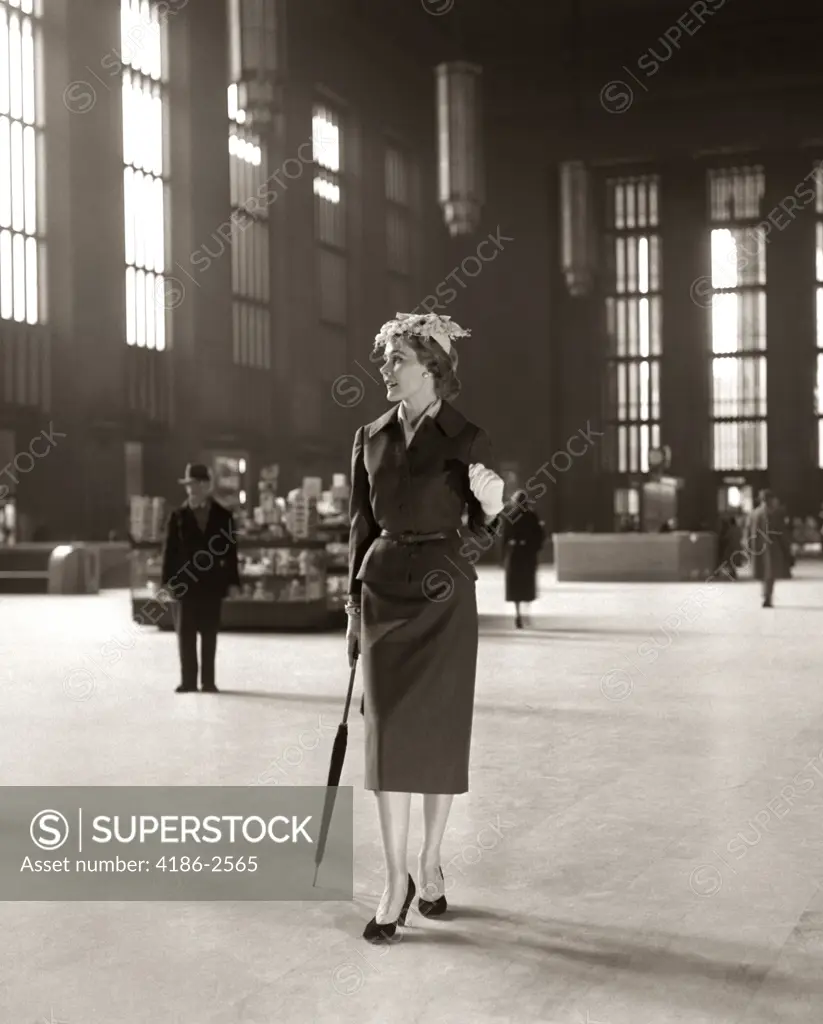 1950S Fashionable High Class Woman Alone Train Station Umbrella Waiting Lonely