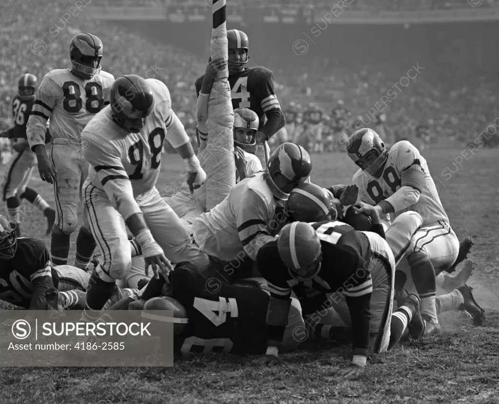 1950S Close-Up Of Pro Football Game Pile-Up Around Goal Post